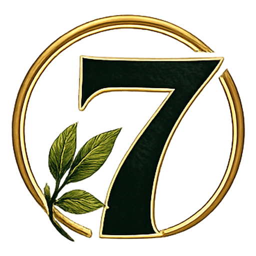 Live 7 Free mark: the number seven inside a gold ring with a kratom leaf sprig