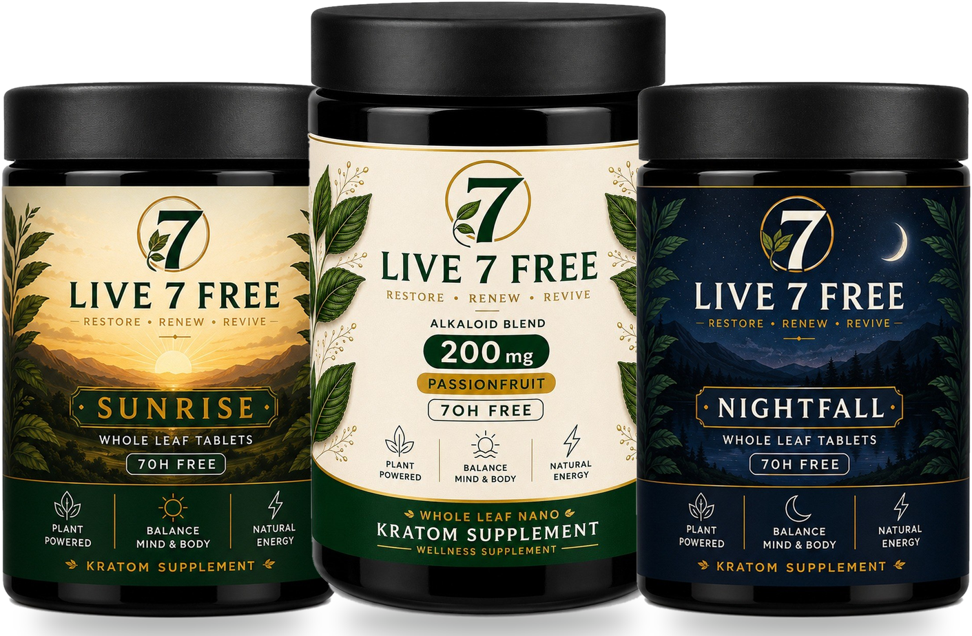 Live 7 Free Sunrise, Nano and Nightfall whole leaf kratom tablets