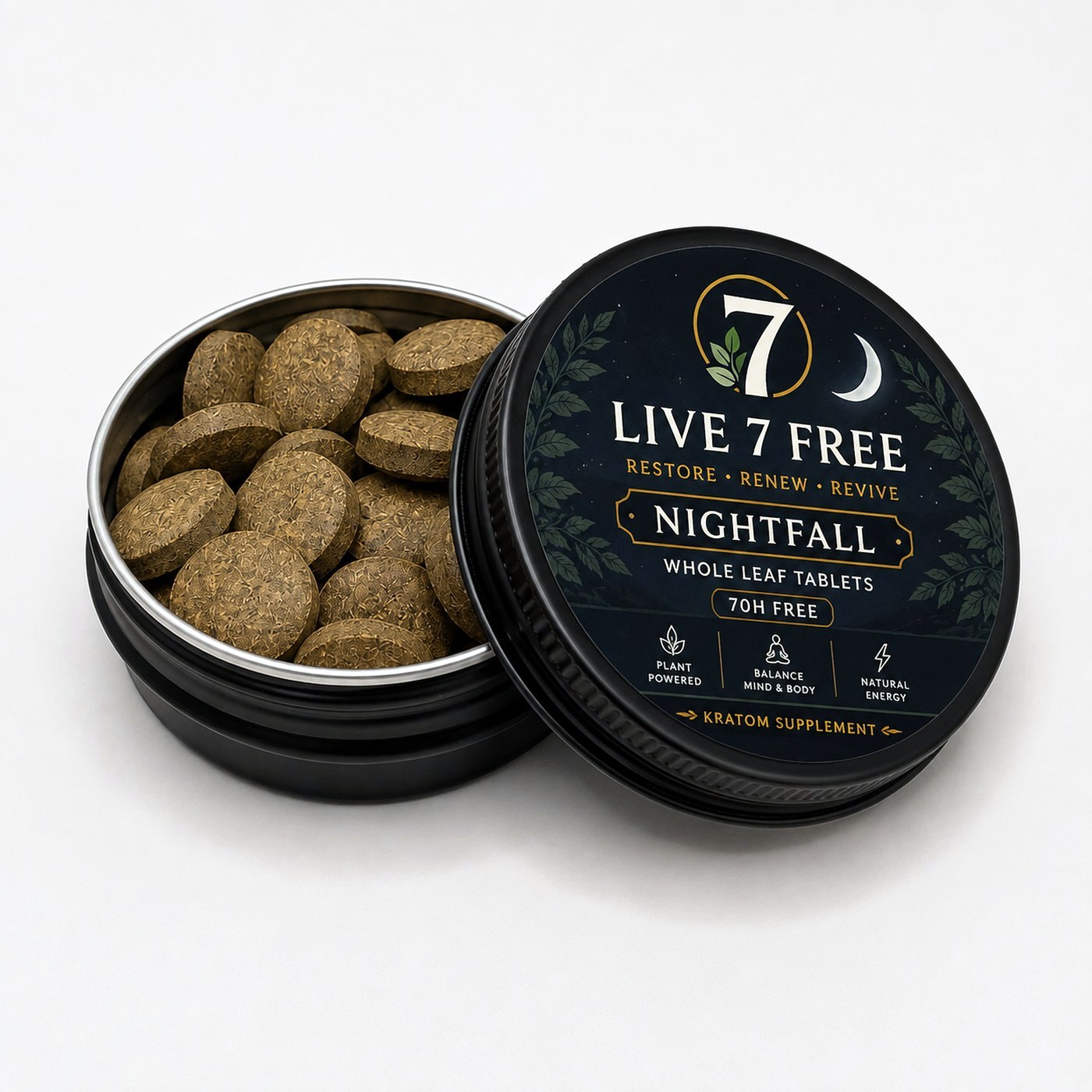 Open Live 7 Free Nightfall 40 count tin showing red vein tablets