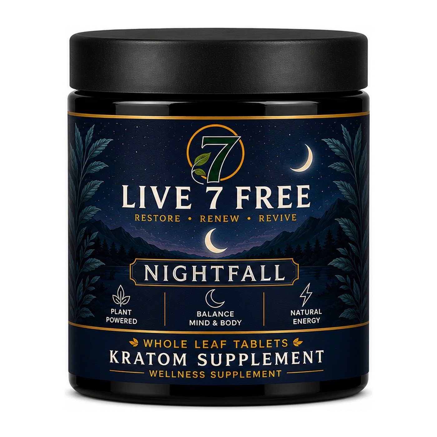Live 7 Free Nightfall red vein whole leaf tablets jar, front label Live 7 Free Nightfall red vein whole leaf tablets jar, front label