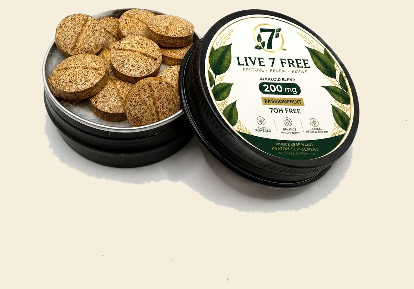 An open flat tin of Live 7 Free Nano whole leaf kratom tablets